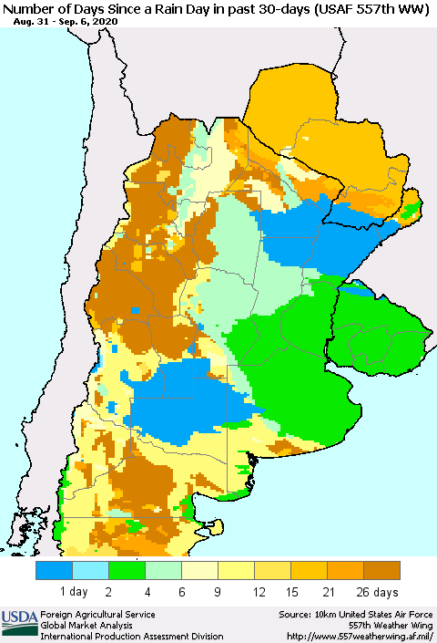 Southern South America Number of Days Since a Rain Day in past 30 days (USAF 557th WW) Thematic Map For 8/31/2020 - 9/6/2020