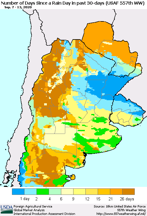 Southern South America Number of Days Since a Rain Day in past 30 days (USAF 557th WW) Thematic Map For 9/7/2020 - 9/13/2020