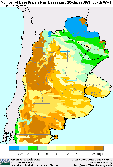 Southern South America Number of Days Since a Rain Day in past 30 days (USAF 557th WW) Thematic Map For 9/14/2020 - 9/20/2020