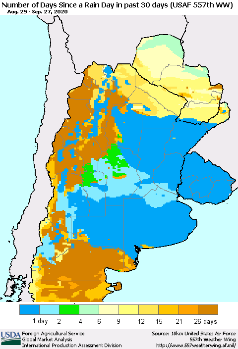 Southern South America Number of Days Since a Rain Day in past 30 days (USAF 557th WW) Thematic Map For 9/21/2020 - 9/27/2020