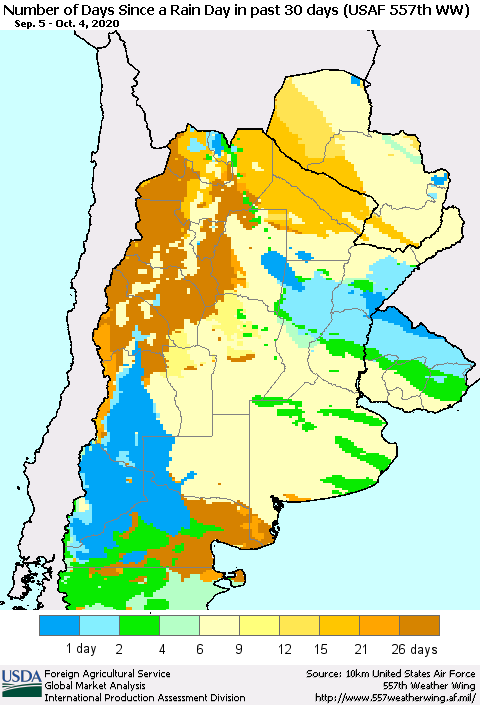 Southern South America Number of Days Since a Rain Day in past 30 days (USAF 557th WW) Thematic Map For 9/28/2020 - 10/4/2020