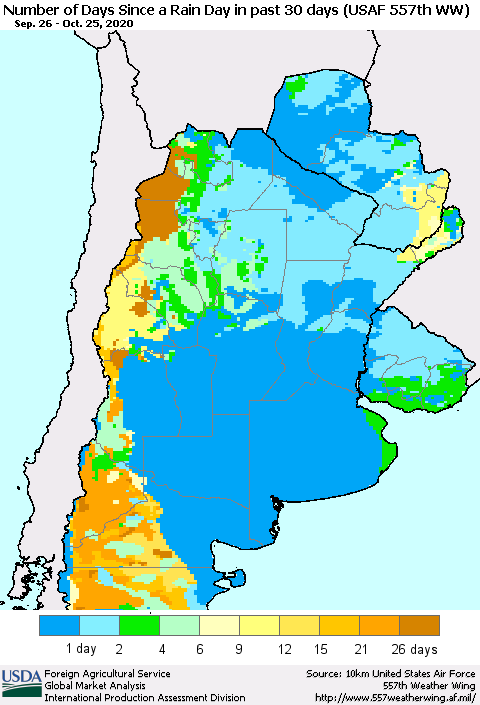 Southern South America Number of Days Since a Rain Day in past 30 days (USAF 557th WW) Thematic Map For 10/19/2020 - 10/25/2020