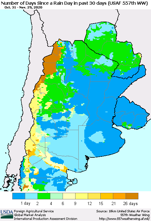 Southern South America Number of Days Since a Rain Day in past 30 days (USAF 557th WW) Thematic Map For 11/23/2020 - 11/29/2020