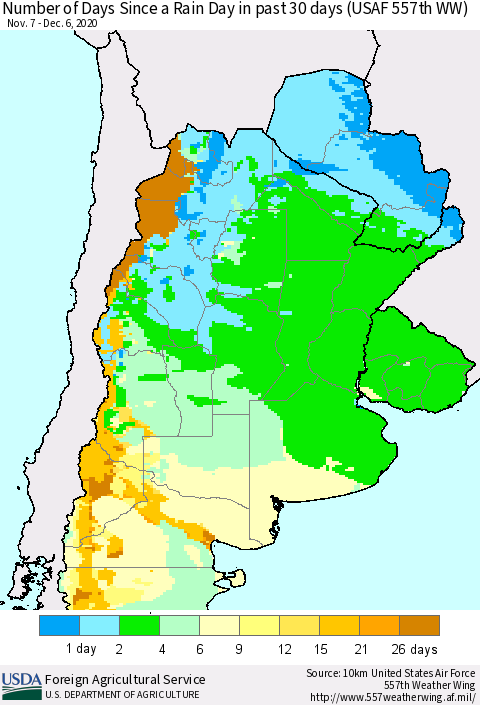 Southern South America Number of Days Since a Rain Day in past 30 days (USAF 557th WW) Thematic Map For 11/30/2020 - 12/6/2020