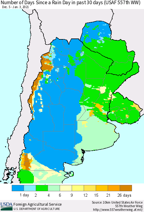 Southern South America Number of Days Since a Rain Day in past 30 days (USAF 557th WW) Thematic Map For 12/28/2020 - 1/3/2021