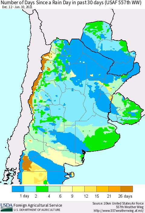 Southern South America Number of Days Since a Rain Day in past 30 days (USAF 557th WW) Thematic Map For 1/4/2021 - 1/10/2021