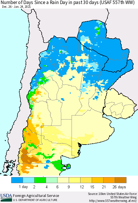 Southern South America Number of Days Since a Rain Day in past 30 days (USAF 557th WW) Thematic Map For 1/18/2021 - 1/24/2021
