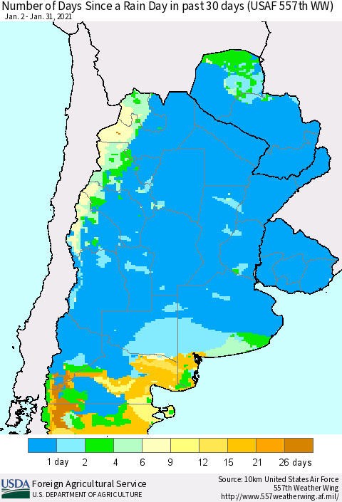 Southern South America Number of Days Since a Rain Day in past 30 days (USAF 557th WW) Thematic Map For 1/25/2021 - 1/31/2021