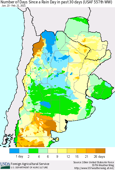 Southern South America Number of Days Since a Rain Day in past 30 days (USAF 557th WW) Thematic Map For 2/15/2021 - 2/21/2021