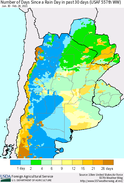 Southern South America Number of Days Since a Rain Day in past 30 days (USAF 557th WW) Thematic Map For 2/22/2021 - 2/28/2021