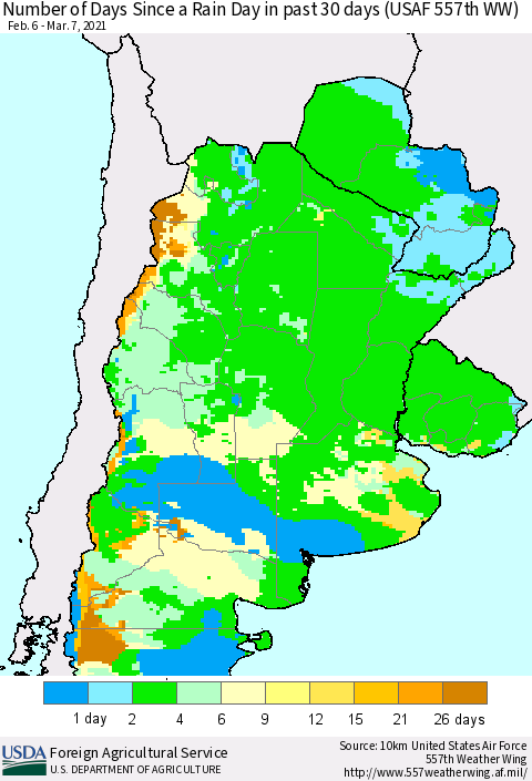 Southern South America Number of Days Since a Rain Day in past 30 days (USAF 557th WW) Thematic Map For 3/1/2021 - 3/7/2021