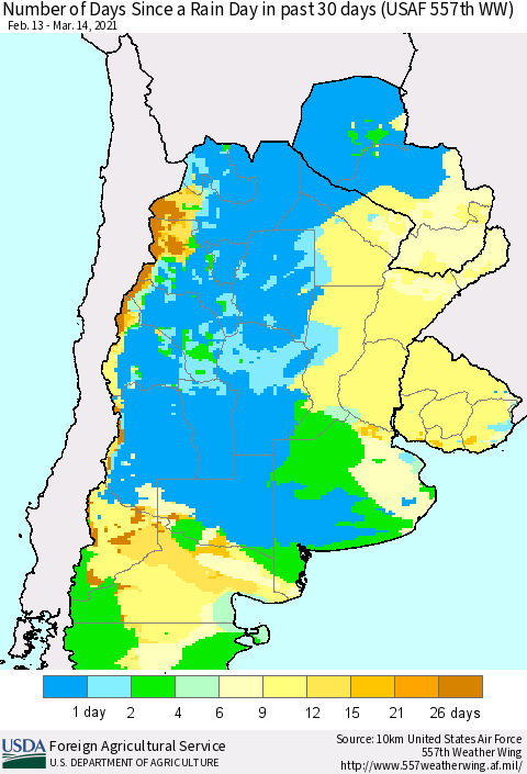 Southern South America Number of Days Since a Rain Day in past 30 days (USAF 557th WW) Thematic Map For 3/8/2021 - 3/14/2021
