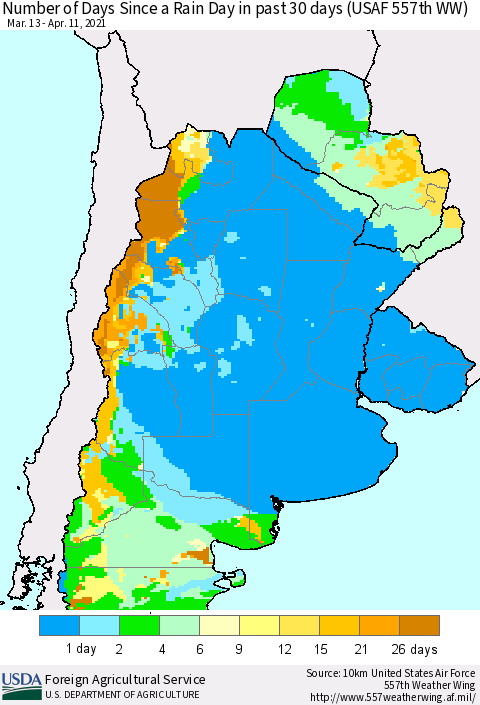 Southern South America Number of Days Since a Rain Day in past 30 days (USAF 557th WW) Thematic Map For 4/5/2021 - 4/11/2021
