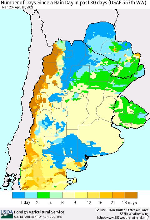 Southern South America Number of Days Since a Rain Day in past 30 days (USAF 557th WW) Thematic Map For 4/12/2021 - 4/18/2021