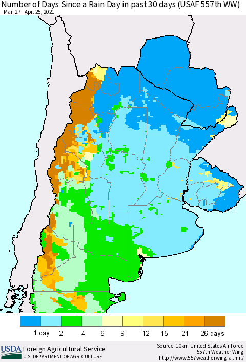 Southern South America Number of Days Since a Rain Day in past 30 days (USAF 557th WW) Thematic Map For 4/19/2021 - 4/25/2021