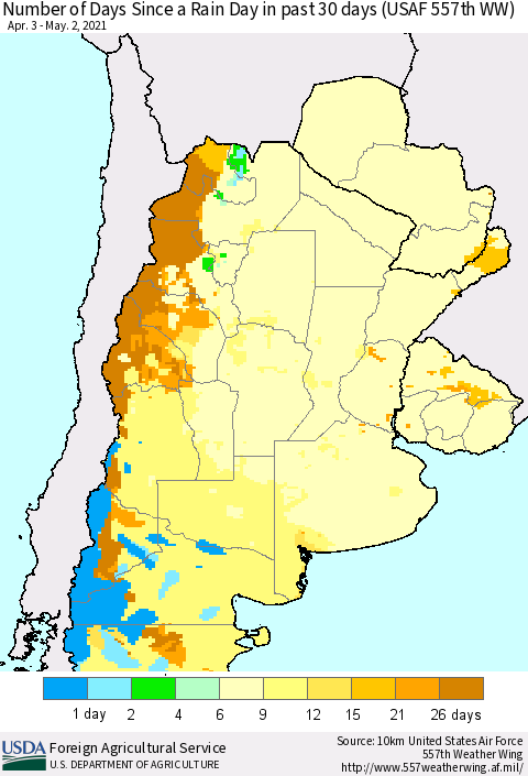 Southern South America Number of Days Since a Rain Day in past 30 days (USAF 557th WW) Thematic Map For 4/26/2021 - 5/2/2021