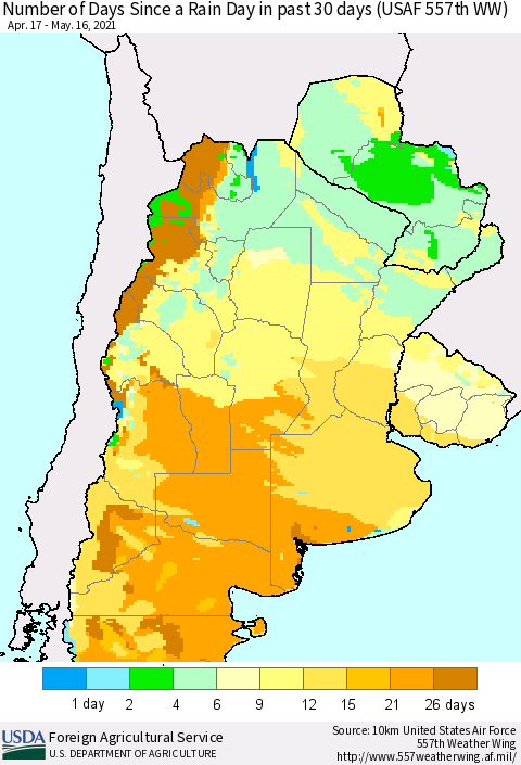 Southern South America Number of Days Since a Rain Day in past 30 days (USAF 557th WW) Thematic Map For 5/10/2021 - 5/16/2021