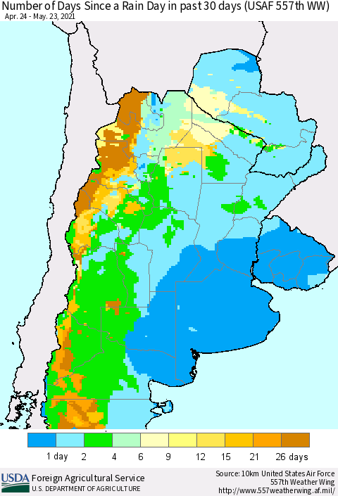 Southern South America Number of Days Since a Rain Day in past 30 days (USAF 557th WW) Thematic Map For 5/17/2021 - 5/23/2021