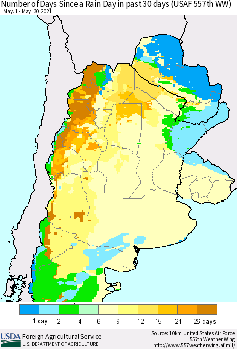 Southern South America Number of Days Since a Rain Day in past 30 days (USAF 557th WW) Thematic Map For 5/24/2021 - 5/30/2021