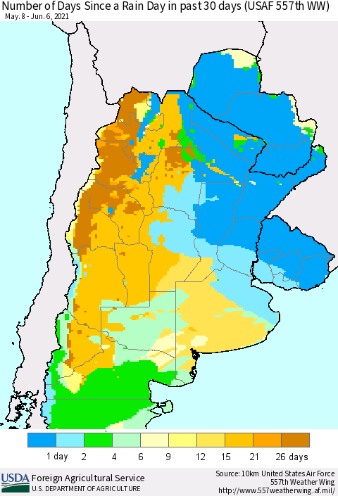 Southern South America Number of Days Since a Rain Day in past 30 days (USAF 557th WW) Thematic Map For 5/31/2021 - 6/6/2021