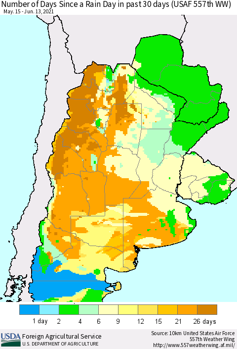 Southern South America Number of Days Since a Rain Day in past 30 days (USAF 557th WW) Thematic Map For 6/7/2021 - 6/13/2021