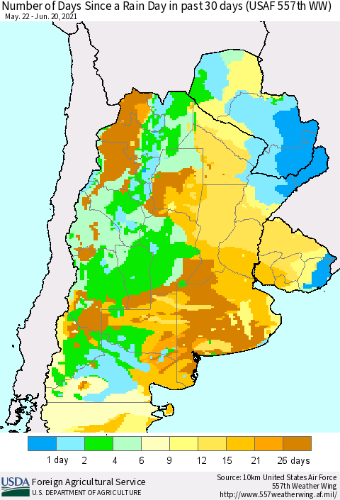 Southern South America Number of Days Since a Rain Day in past 30 days (USAF 557th WW) Thematic Map For 6/14/2021 - 6/20/2021