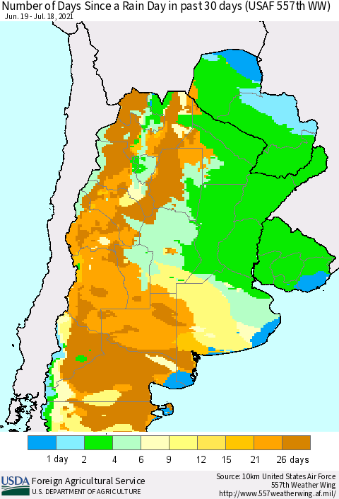 Southern South America Number of Days Since a Rain Day in past 30 days (USAF 557th WW) Thematic Map For 7/12/2021 - 7/18/2021