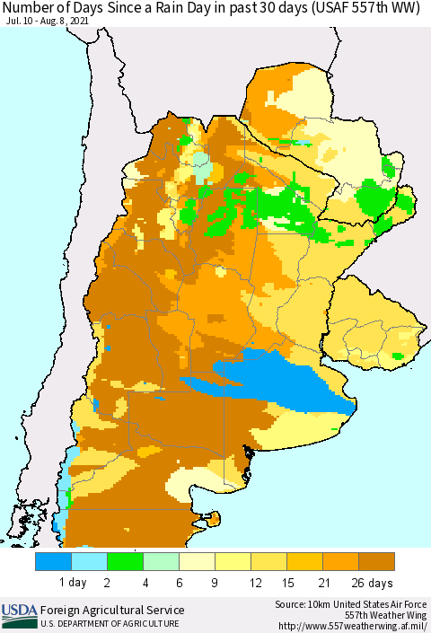 Southern South America Number of Days Since a Rain Day in past 30 days (USAF 557th WW) Thematic Map For 8/2/2021 - 8/8/2021