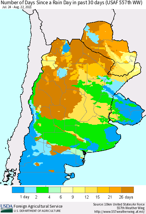 Southern South America Number of Days Since a Rain Day in past 30 days (USAF 557th WW) Thematic Map For 8/16/2021 - 8/22/2021