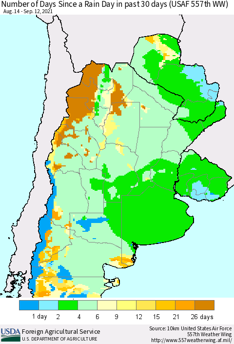 Southern South America Number of Days Since a Rain Day in past 30 days (USAF 557th WW) Thematic Map For 9/6/2021 - 9/12/2021