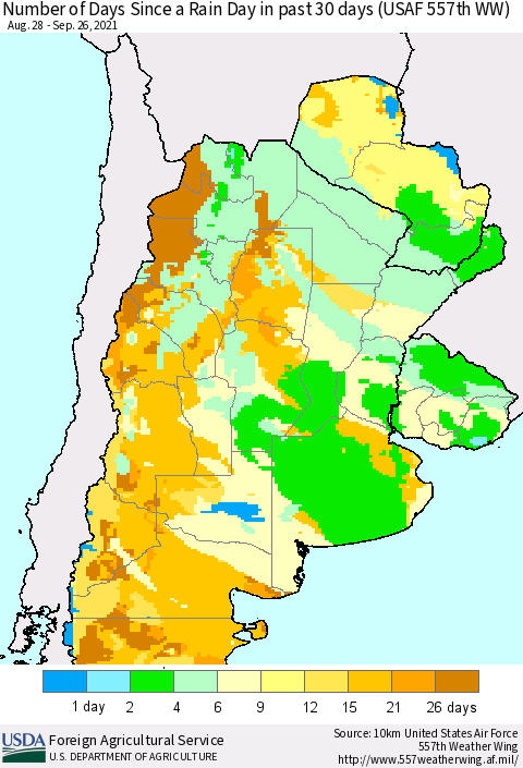 Southern South America Number of Days Since a Rain Day in past 30 days (USAF 557th WW) Thematic Map For 9/20/2021 - 9/26/2021