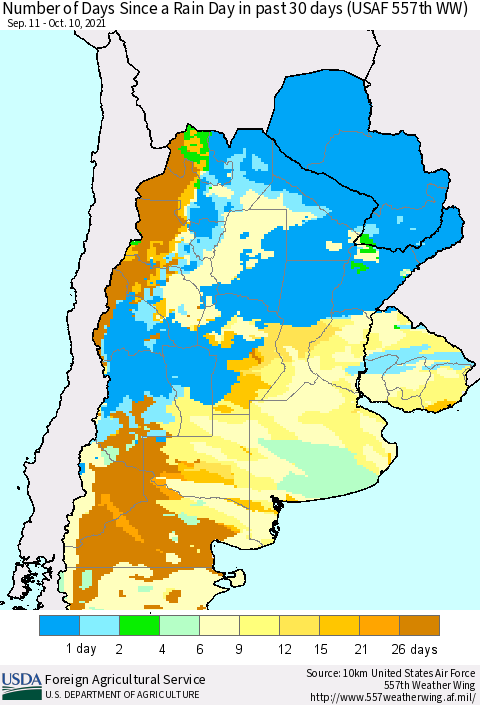 Southern South America Number of Days Since a Rain Day in past 30 days (USAF 557th WW) Thematic Map For 10/4/2021 - 10/10/2021