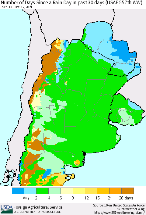 Southern South America Number of Days Since a Rain Day in past 30 days (USAF 557th WW) Thematic Map For 10/11/2021 - 10/17/2021
