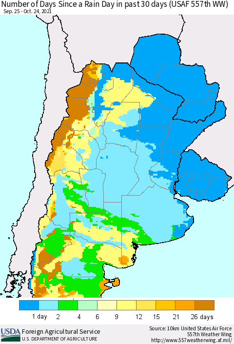 Southern South America Number of Days Since a Rain Day in past 30 days (USAF 557th WW) Thematic Map For 10/18/2021 - 10/24/2021