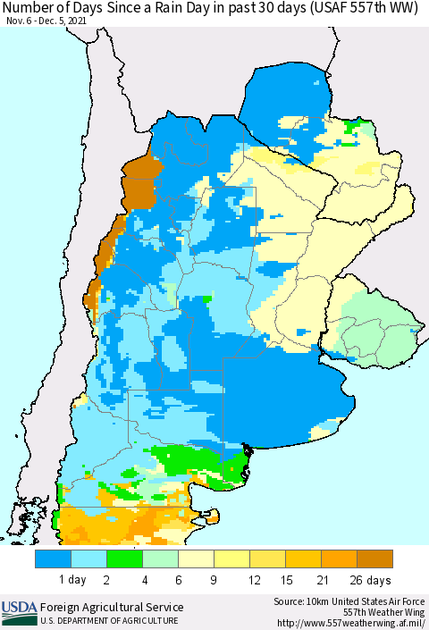 Southern South America Number of Days Since a Rain Day in past 30 days (USAF 557th WW) Thematic Map For 11/29/2021 - 12/5/2021