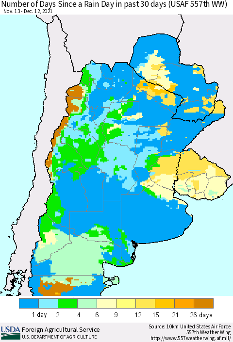 Southern South America Number of Days Since a Rain Day in past 30 days (USAF 557th WW) Thematic Map For 12/6/2021 - 12/12/2021