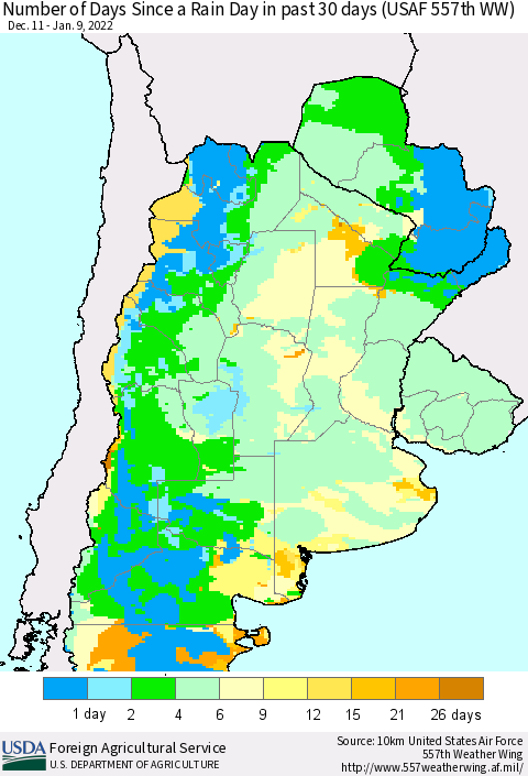 Southern South America Number of Days Since a Rain Day in past 30 days (USAF 557th WW) Thematic Map For 1/3/2022 - 1/9/2022
