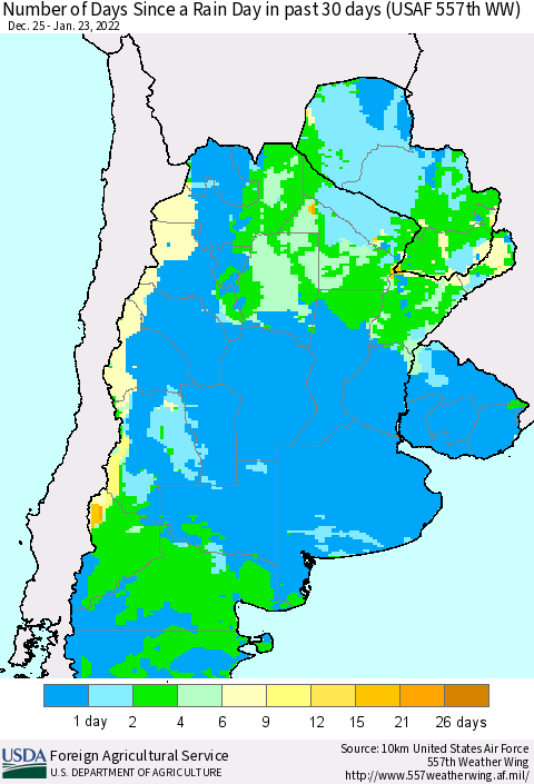 Southern South America Number of Days Since a Rain Day in past 30 days (USAF 557th WW) Thematic Map For 1/17/2022 - 1/23/2022