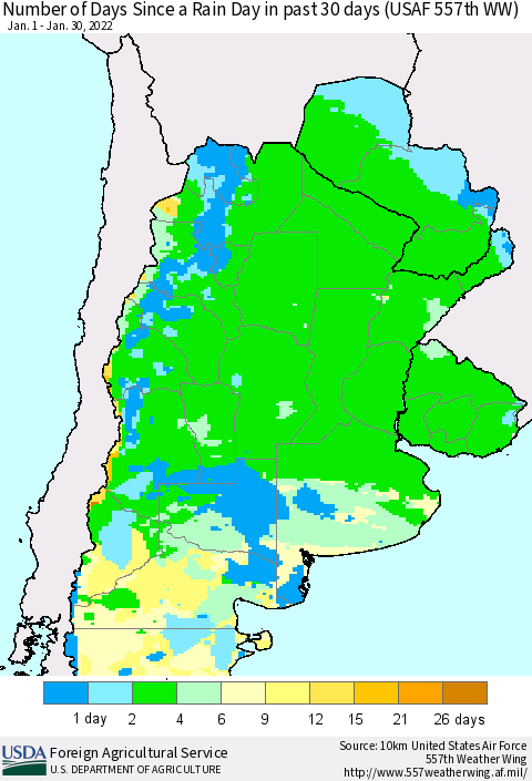 Southern South America Number of Days Since a Rain Day in past 30 days (USAF 557th WW) Thematic Map For 1/24/2022 - 1/30/2022