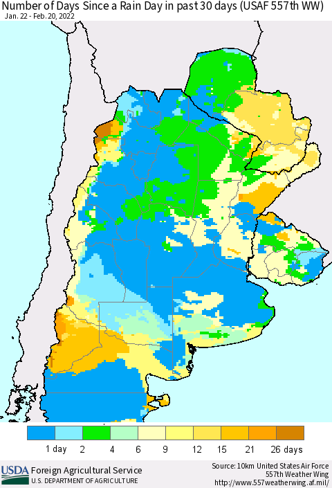 Southern South America Number of Days Since a Rain Day in past 30 days (USAF 557th WW) Thematic Map For 2/14/2022 - 2/20/2022