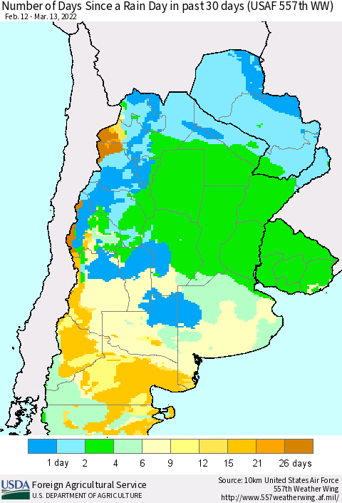 Southern South America Number of Days Since a Rain Day in past 30 days (USAF 557th WW) Thematic Map For 3/7/2022 - 3/13/2022