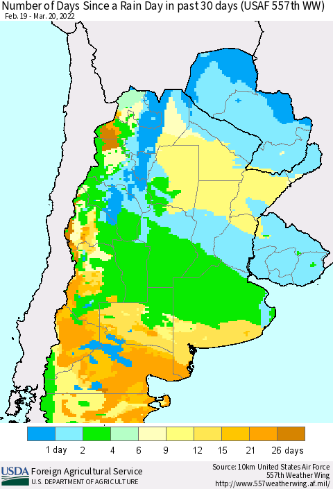 Southern South America Number of Days Since a Rain Day in past 30 days (USAF 557th WW) Thematic Map For 3/14/2022 - 3/20/2022