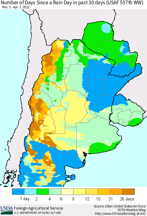 Southern South America Number of Days Since a Rain Day in past 30 days (USAF 557th WW) Thematic Map For 3/28/2022 - 4/3/2022