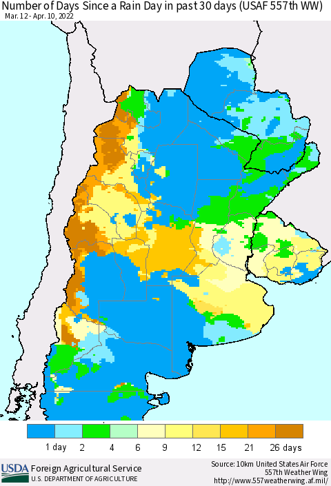 Southern South America Number of Days Since a Rain Day in past 30 days (USAF 557th WW) Thematic Map For 4/4/2022 - 4/10/2022