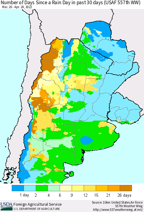 Southern South America Number of Days Since a Rain Day in past 30 days (USAF 557th WW) Thematic Map For 4/18/2022 - 4/24/2022