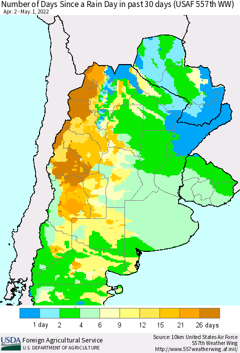Southern South America Number of Days Since a Rain Day in past 30 days (USAF 557th WW) Thematic Map For 4/25/2022 - 5/1/2022