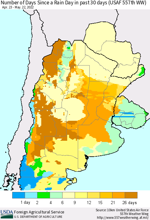 Southern South America Number of Days Since a Rain Day in past 30 days (USAF 557th WW) Thematic Map For 5/16/2022 - 5/22/2022