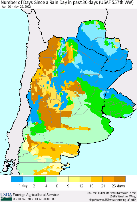 Southern South America Number of Days Since a Rain Day in past 30 days (USAF 557th WW) Thematic Map For 5/23/2022 - 5/29/2022