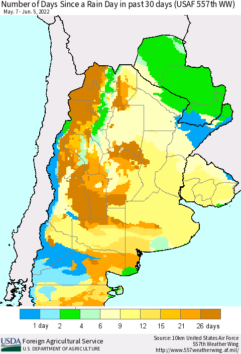 Southern South America Number of Days Since a Rain Day in past 30 days (USAF 557th WW) Thematic Map For 5/30/2022 - 6/5/2022