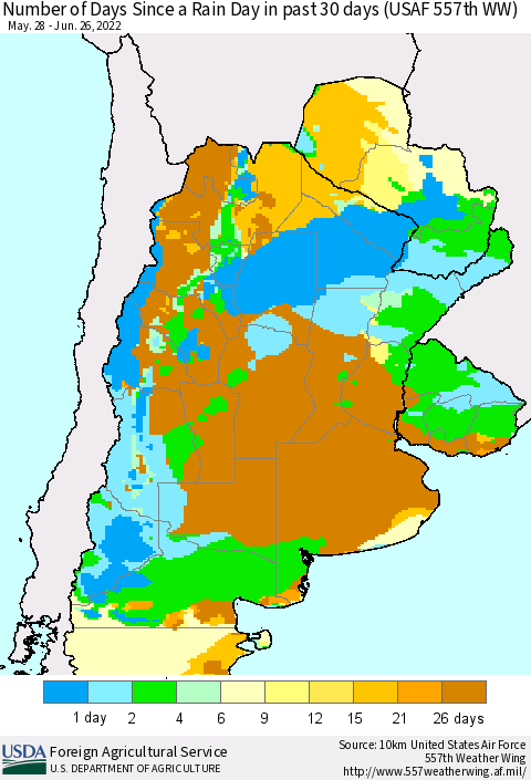 Southern South America Number of Days Since a Rain Day in past 30 days (USAF 557th WW) Thematic Map For 6/20/2022 - 6/26/2022